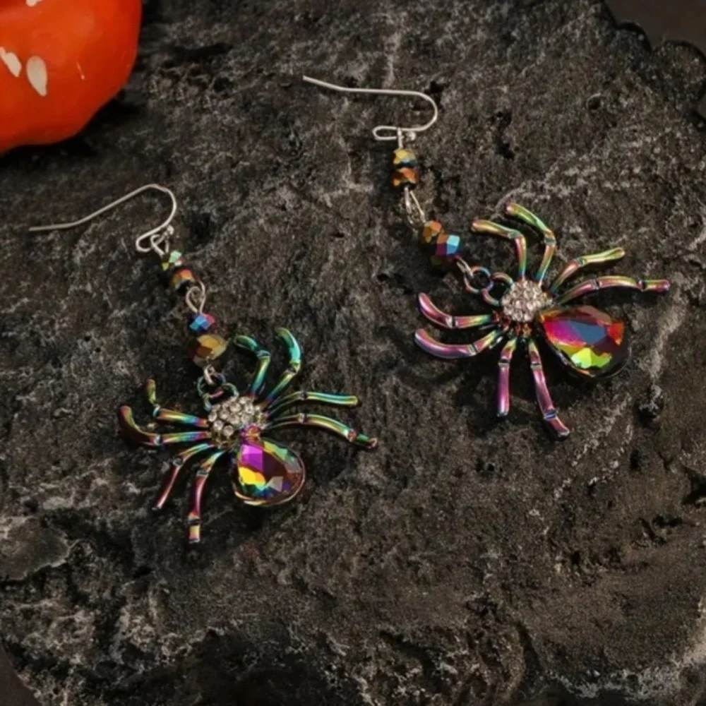 NWT! Halloween Holiday Multicolored Shimmer Pierced Dangle Spider Earrings!